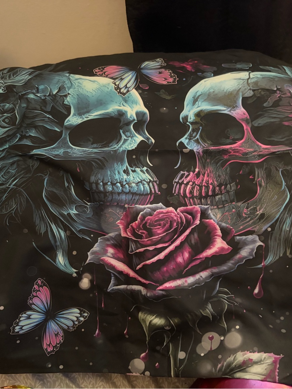 Black Skull & Rose Pillowcases with Pink and purple accents